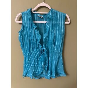 Kim Rogers Signature Sheer Jacket Top Sz S Ruffle‎ Tie Front Aqua Fairy Vest Y2K
